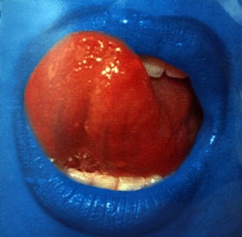 Record sleeve for Blue Lipps with a blue mouth and lips with a red tongue licking the lips